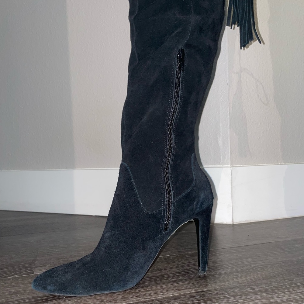 Women's Black Solo Fierce Tie Back Suede Heeled Over The Knee Boots size 8
